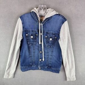 Y2K‎ True Religion Womens Denim Jacket Trucker Jacket Hoodie Size Large Skate